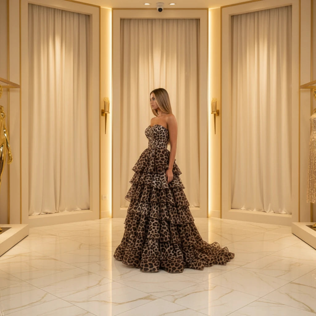 Leopard print strapless formal dress with layered ruffle tiers and structured corset bodice
