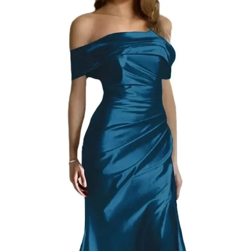 Teal blue off-shoulder satin mermaid formal dress with ruched bodice