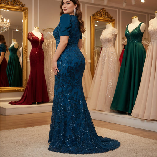 Blue plus size evening dress, back view with V-shaped neckline and allover sequins