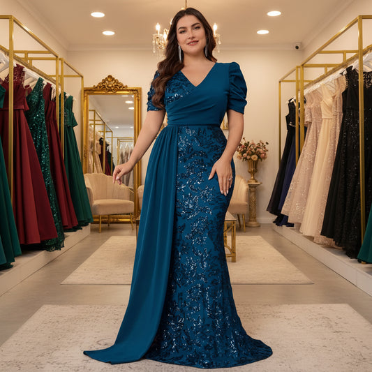 Blue plus size evening dress with V-neck and short puff sleeves, sequined bodice