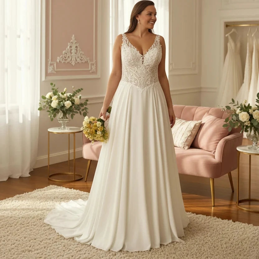 Ivory A-line wedding dress with V-neck lace bodice and full gathered skirt