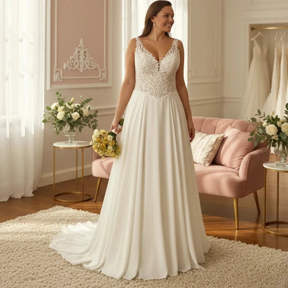 Ivory A-line wedding dress with V-neck lace bodice and full gathered skirt