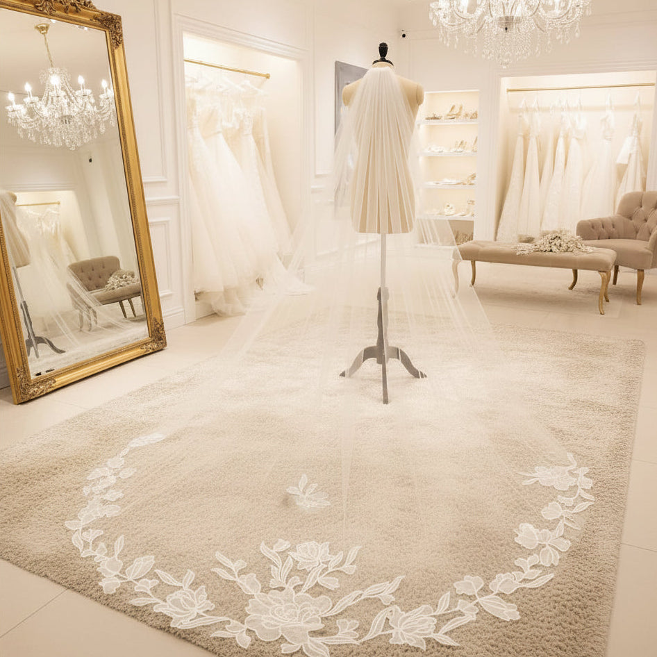 Ivory single-layer bridal veil with long tulle drape and floral lace hem