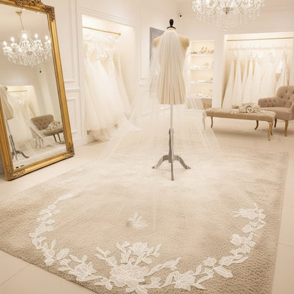 Ivory single-layer bridal veil with long tulle drape and floral lace hem