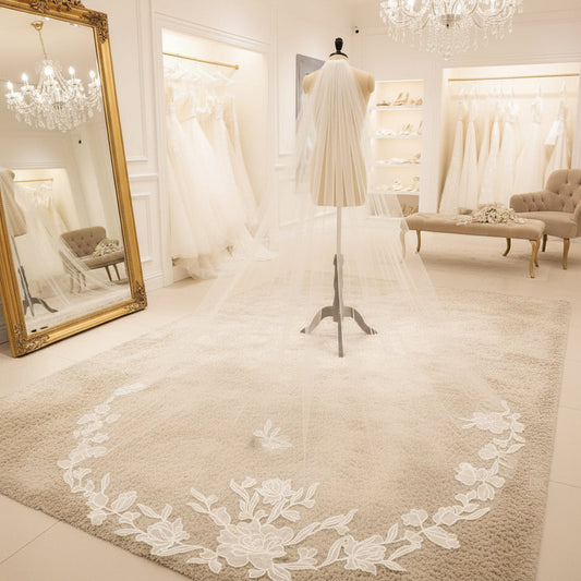 Ivory single-layer bridal veil with long tulle drape and floral lace hem