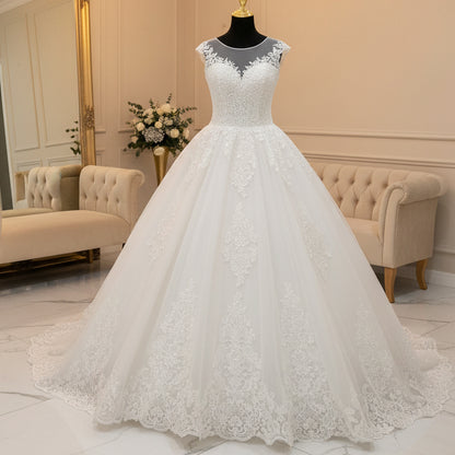 White lace sleeveless ball gown with embroidered bodice, off-shoulder lace and full skirt