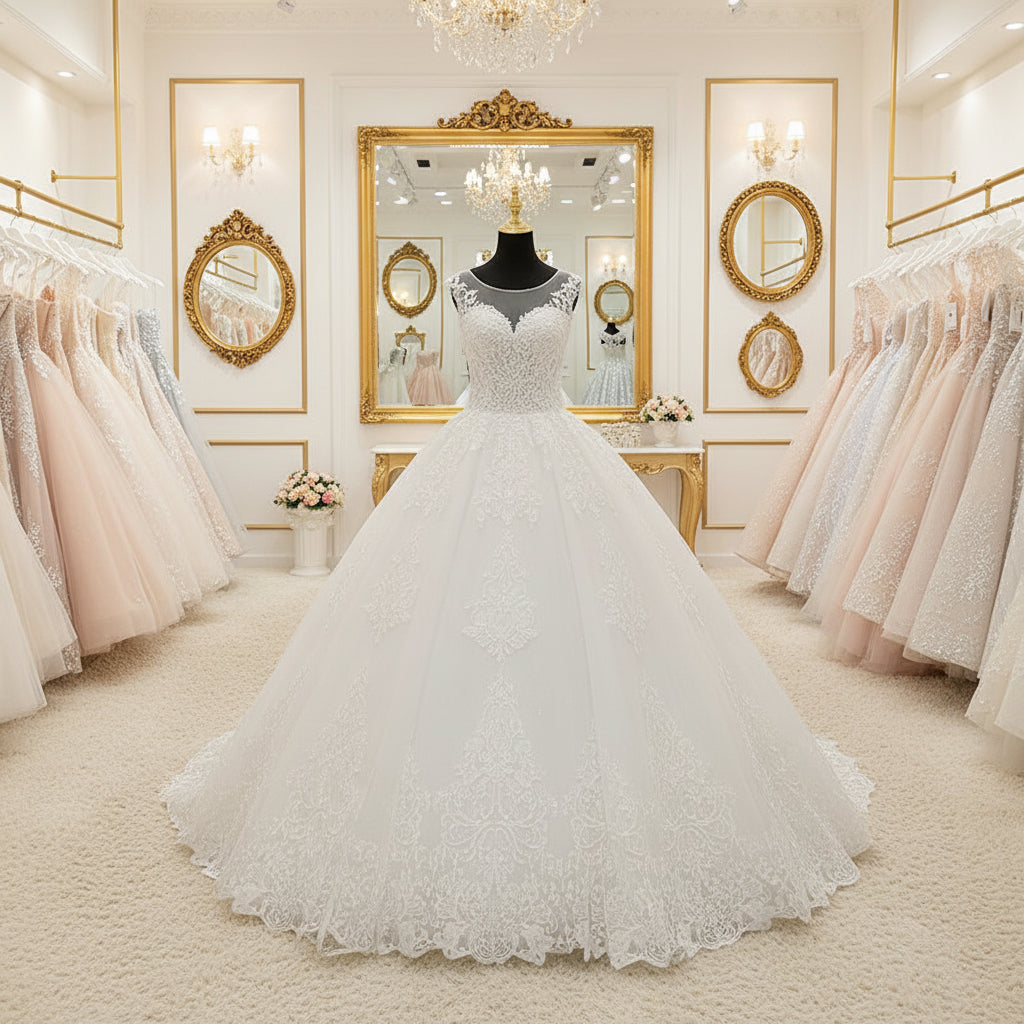 White lace sleeveless quinceanera-style ball gown with off-shoulder lace and full skirt