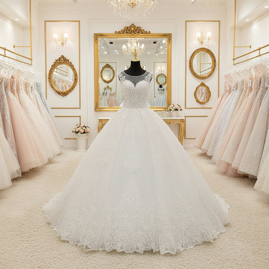 White lace sleeveless quinceanera-style ball gown with off-shoulder lace and full skirt