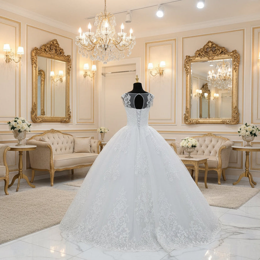 White lace sleeveless ball gown, embroidered floral pattern on bodice and full skirt