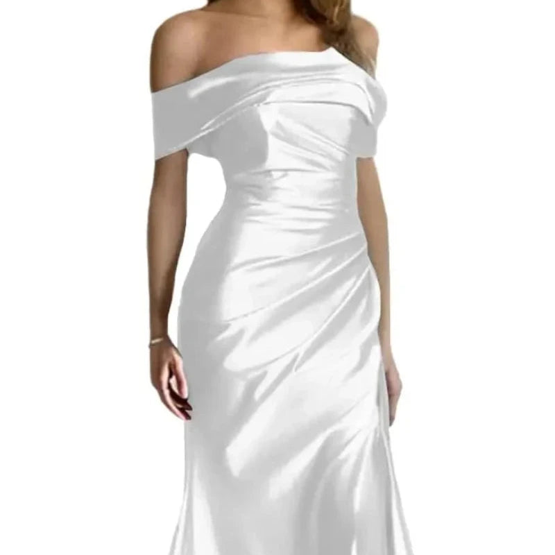 White off-shoulder satin mermaid formal dress with ruched bodice