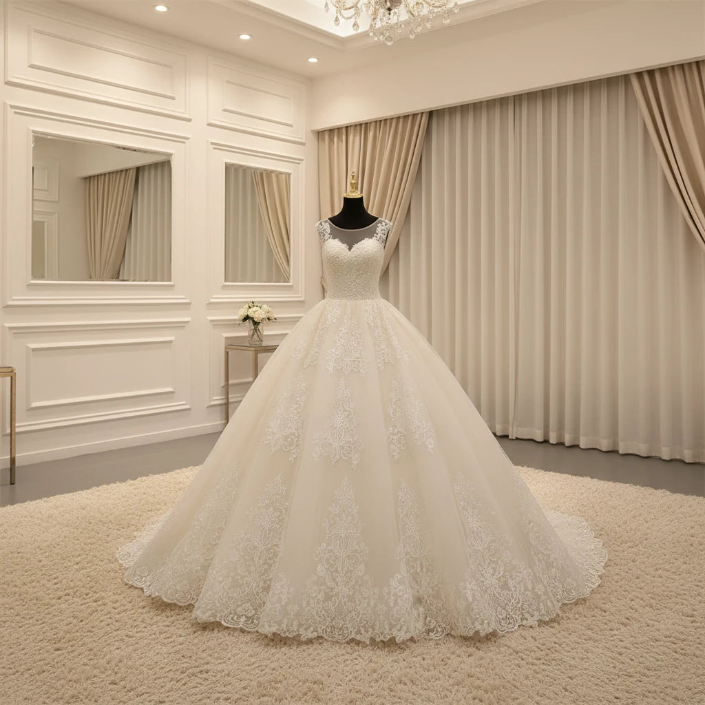 White lace sleeveless ball gown with embroidered bodice, full flared skirt and lace detailing