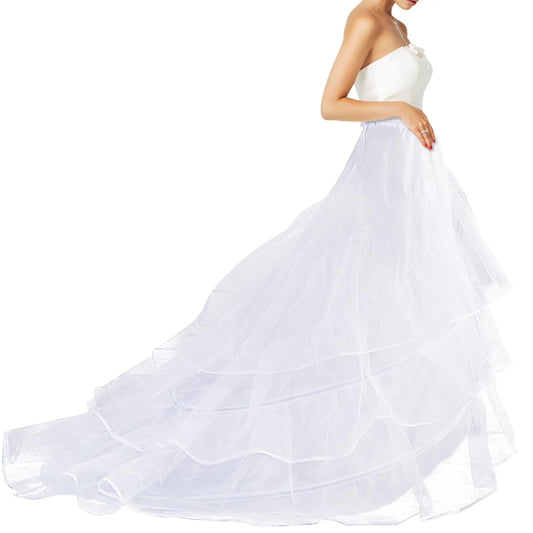 White tulle cathedral-train wedding petticoat with tiered ruffles, full circle