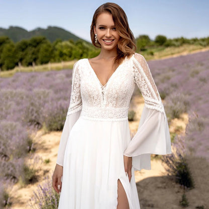 Chiffon lace wedding dress with V-neck lace bodice and flared bell sleeves