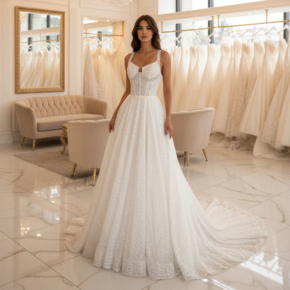 White glitter tulle formal dress with wide straps, corset bodice, A-line skirt
