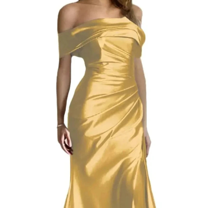 Off-shoulder satin mermaid formal dress in gold, fitted bodice and flared hem