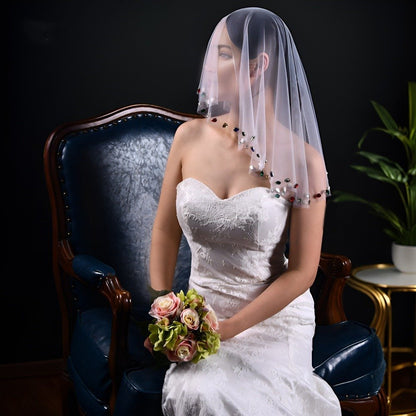 Ivory short veil face cover with multicolor diamante crystal edging and drape
