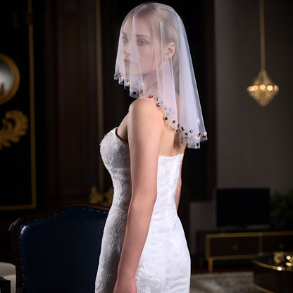 Ivory short veil face cover with multicolor diamante crystal trim