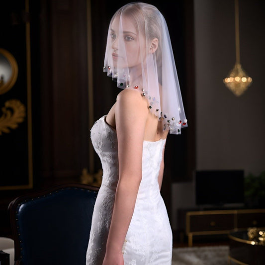 Ivory short veil face cover with multicolor diamante crystal trim