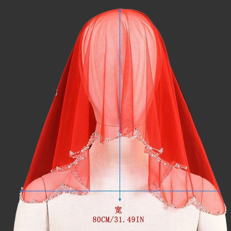 Red sheer short head veil with beaded scalloped trim across the front hem