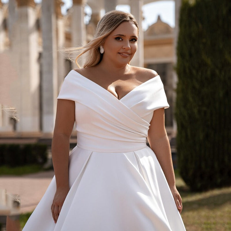 off shoulder satin gown plus size wedding dress Gathered Satin Dress - Plunge V neck Size:9-12m adjustable lacing on back
