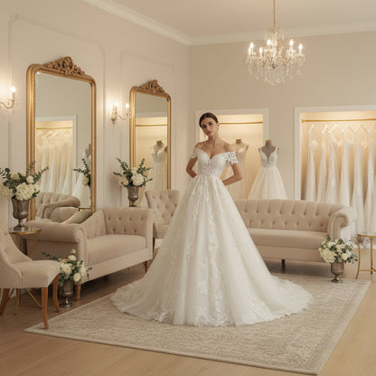 Ivory off-shoulder lace princess wedding dress with full skirt and embellished sweetheart bodice