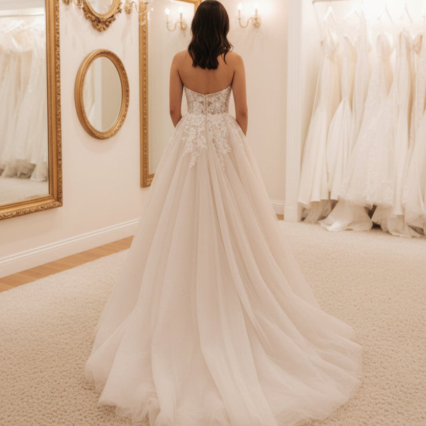 Back view of strapless A-line wedding dress with white lace bodice and flowing tulle skirt