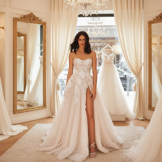 Strapless A-line wedding dress with white lace bodice and flowing tulle skirt, side slit